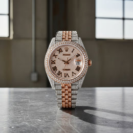 Custom Diamond Rolex 41MM DateJust Watch – Iced Out Two Tone Rose Gold Roman Dial – 18.00 CTW