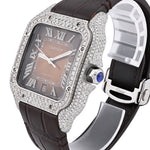 Custom Diamond Cartier 40MM Santos Watch – Iced Out Brown Roman Dial & Leather Strap – 4.50 CTW