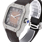 Custom Diamond Cartier 40MM Santos Watch – Iced Out Brown Roman Dial & Leather Strap – 4.50 CTW