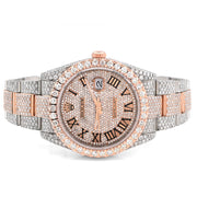 Custom Diamond Rolex 41MM DateJust Watch – Iced Out Single Row Two Tone Rose Roman Dial – 18.00 CTW