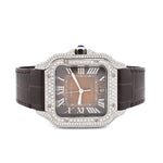 Custom Diamond Cartier 40MM Santos Watch – Iced Out Brown Roman Dial & Leather Strap – 4.50 CTW