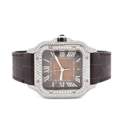 Custom Diamond Cartier 40MM Santos Watch – Iced Out Brown Roman Dial & Leather Strap – 4.50 CTW