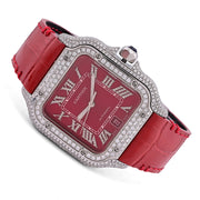 Custom Diamond Cartier 40MM Santos Watch – Iced Out Red Roman Dial & Leather Strap – 4.50 CTW