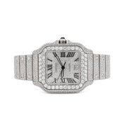Custom Lab Diamond Cartier 40MM Santos Watch – Iced Out Stainless Steel Roman Dial – 18.00 CTW