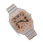 Custom Diamond Cartier 40MM Santos Watch – Iced Out Two Tone Rose Roman Dial – 13.00 CTW