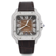 Custom Diamond Cartier 40MM Santos Watch – Iced Out Brown Roman Dial & Leather Strap – 4.50 CTW