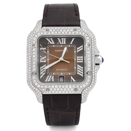 Custom Diamond Cartier 40MM Santos Watch – Iced Out Brown Roman Dial & Leather Strap – 4.50 CTW
