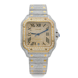 Custom Diamond Cartier 40MM Santos Watch – Iced Out Two Tone Gold Roman Dial – 13.00 CTW
