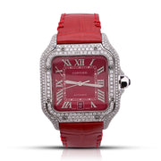 Custom Diamond Cartier 40MM Santos Watch – Iced Out Red Roman Dial & Leather Strap – 4.50 CTW