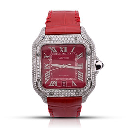 Custom Diamond Cartier 40MM Santos Watch – Iced Out Red Roman Dial & Leather Strap – 4.50 CTW