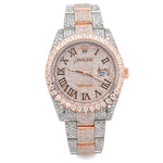 Custom Diamond Rolex 41MM DateJust Watch – Iced Out Single Row Two Tone Rose Roman Dial – 18.00 CTW