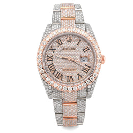 Custom Diamond Rolex 41MM DateJust Watch – Iced Out Single Row Two Tone Rose Roman Dial – 18.00 CTW