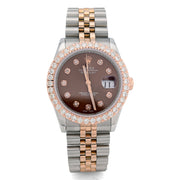Custom Diamond Bezel Rolex 36MM DateJust Watch – Two Tone 10 Pointer Chocolate Dial – 3.28 CTW