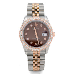 Custom Diamond Bezel Rolex 36MM DateJust Watch – Two Tone 10 Pointer Chocolate Dial – 3.28 CTW