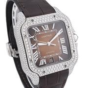 Custom Diamond Cartier 40MM Santos Watch – Iced Out Brown Roman Dial & Leather Strap – 4.50 CTW