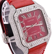 Custom Diamond Cartier 40MM Santos Watch – Iced Out Red Roman Dial & Leather Strap – 4.50 CTW