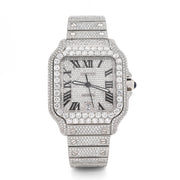Custom Lab Diamond Cartier 40MM Santos Watch – Iced Out Stainless Steel Roman Dial – 18.00 CTW