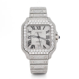 Custom Lab Diamond Cartier 40MM Santos Watch – Iced Out Stainless Steel Roman Dial – 18.00 CTW