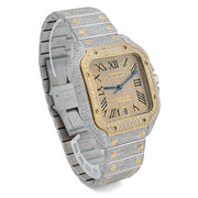 Custom Diamond Cartier 40MM Santos Watch – Iced Out Two Tone Gold Roman Dial – 13.00 CTW