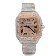 Custom Diamond Cartier 40MM Santos Watch – Iced Out Two Tone Rose Roman Dial – 13.00 CTW
