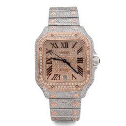Custom Diamond Cartier 40MM Santos Watch – Iced Out Two Tone Rose Roman Dial – 13.00 CTW