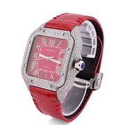 Custom Diamond Cartier 40MM Santos Watch – Iced Out Red Roman Dial & Leather Strap – 4.50 CTW