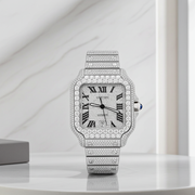 Custom Lab Diamond Cartier 40MM Santos Watch – Iced Out Stainless Steel Roman Dial – 18.00 CTW