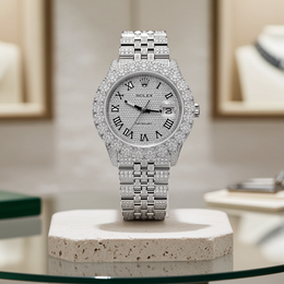 Custom Diamond Rolex 36MM DateJust Watch – Iced Out Flower Cluster All White Roman Dial – 12.00 CTW