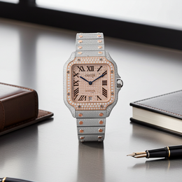 Custom Diamond Cartier 40MM Santos Watch – Iced Out Two Tone Rose Roman Dial – 13.00 CTW