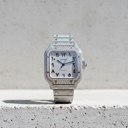 Custom Diamond Cartier 40MM Santos Watch – Iced Out Stainless Steel Arabic Dial – 13.00 CTW