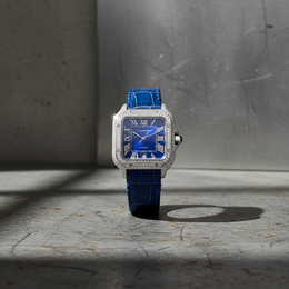 Custom Diamond Cartier 40MM Santos Watch – Iced Out Blue Roman Dial & Leather Strap – 4.50 CTW
