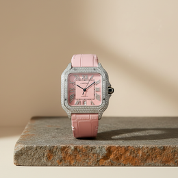 Custom Diamond Cartier 40MM Santos Watch – Iced Out Pink Roman Dial & Leather Strap – 9.0 CTW