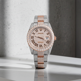 Custom Diamond Rolex 41MM DateJust Watch – Iced Out Single Row Two Tone Rose Roman Dial – 18.00 CTW