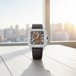 Custom Diamond Cartier 40MM Santos Watch – Iced Out Brown Roman Dial & Leather Strap – 4.50 CTW