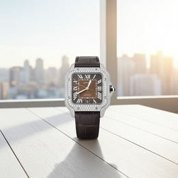 Custom Diamond Cartier 40MM Santos Watch – Iced Out Brown Roman Dial & Leather Strap – 4.50 CTW