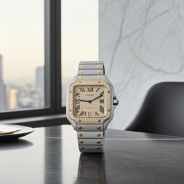Custom Diamond Cartier 40MM Santos Watch – Iced Out Two Tone Gold Roman Dial – 13.00 CTW