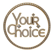 Decorative circular emblem with 'Your Choice' text and gemstone accents on a white background
