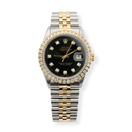 Custom Diamond Bezel Rolex 36MM DateJust Watch – Two Tone 10 Pointer Black Dial – 2.50 CTW